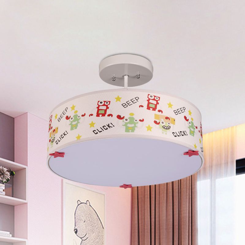 Drum Semi Mount Lighting Cartoon Fabric 3 Bulbs Flush Ceiling Light with Animal Pattern in White