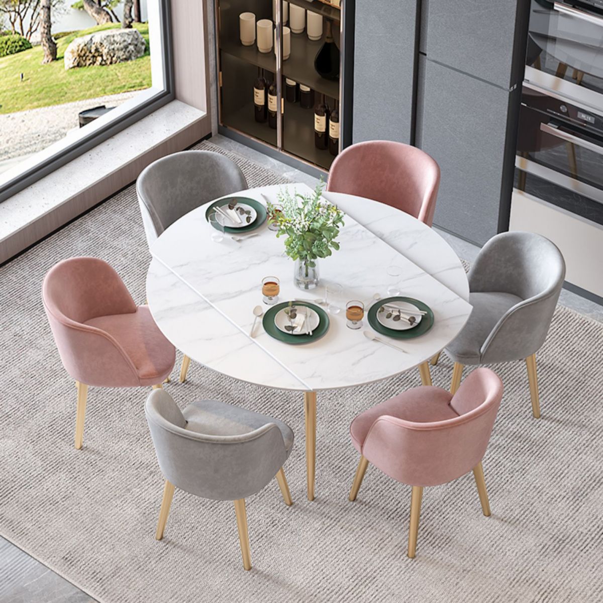 Scandinavian Sintered Stone Top Dining Set Round Table Dining Furniture with Drop Leaf