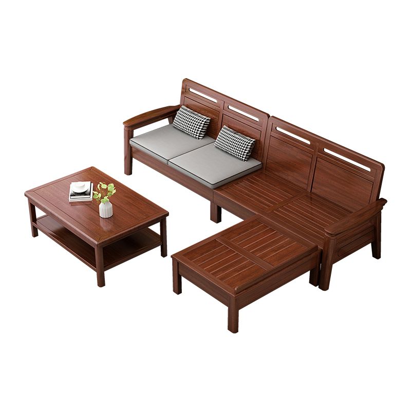 Brown Square Arm Sectional Sofas Solid Wood Sectional Couch for Living Room