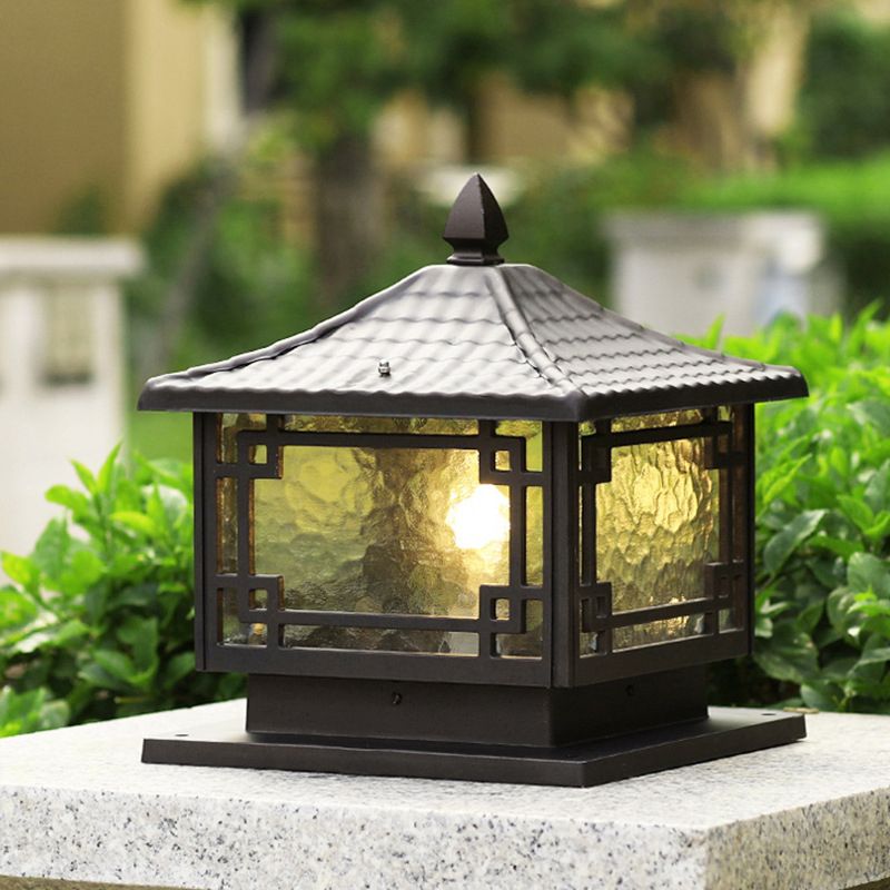 Contemporary Metal Pillar Lamp Square Shape Outdoor Waterproof Light with Glass Shade