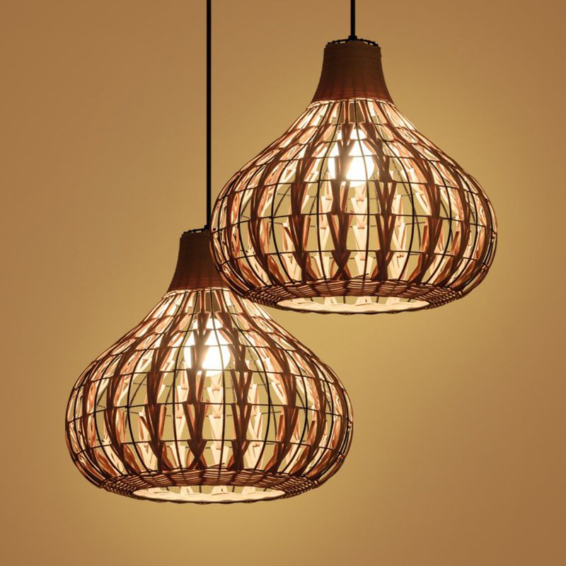 Pear Shaped Suspended Lighting Fixture Rustic Bamboo Single Restaurant Pendant Light in Wood