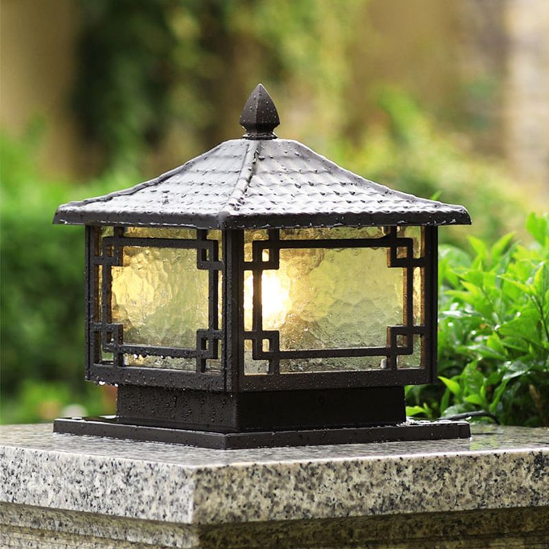 Contemporary Metal Pillar Lamp Square Shape Outdoor Waterproof Light with Glass Shade