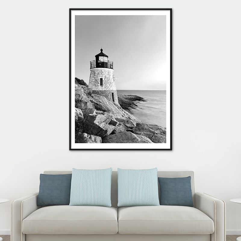 Vintage-Kunstdruck mit Leuchtturm am Meer, Leinwand, graues Gebäude, Wanddekoration, mehrere Größen erhältlich