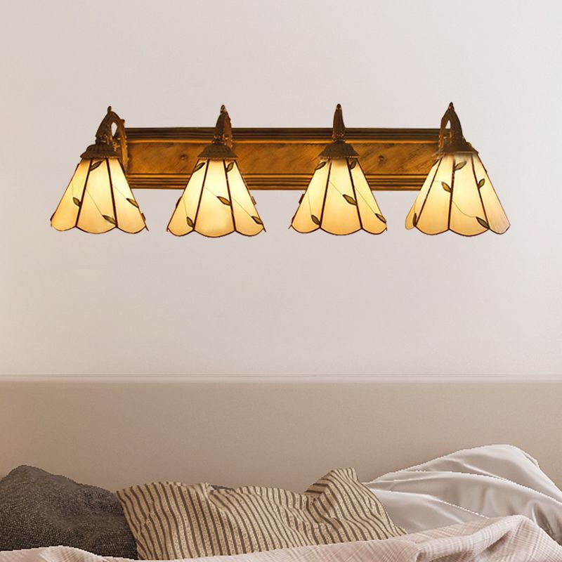 Stained Glass Leaf Wall Sconce Light Rustic Loft 4 Lights Bathroom Vanity Lighting in Beige