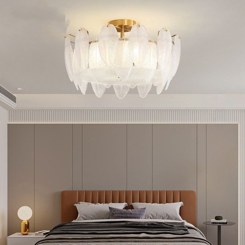 Nordic Ceiling Light Feather-shaped Glass Shade Flush Mount Light Fixture