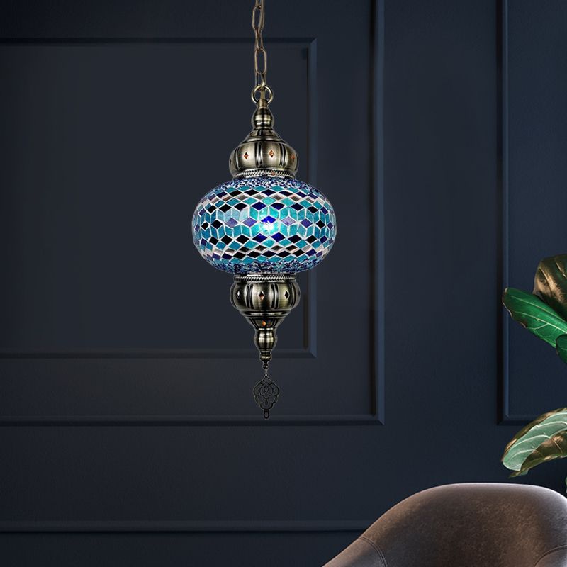 1 Head Cut Glass Ceiling Pendant Light Traditional Beige/Yellow/Blue Oval Dining Room Hanging Light Fixture
