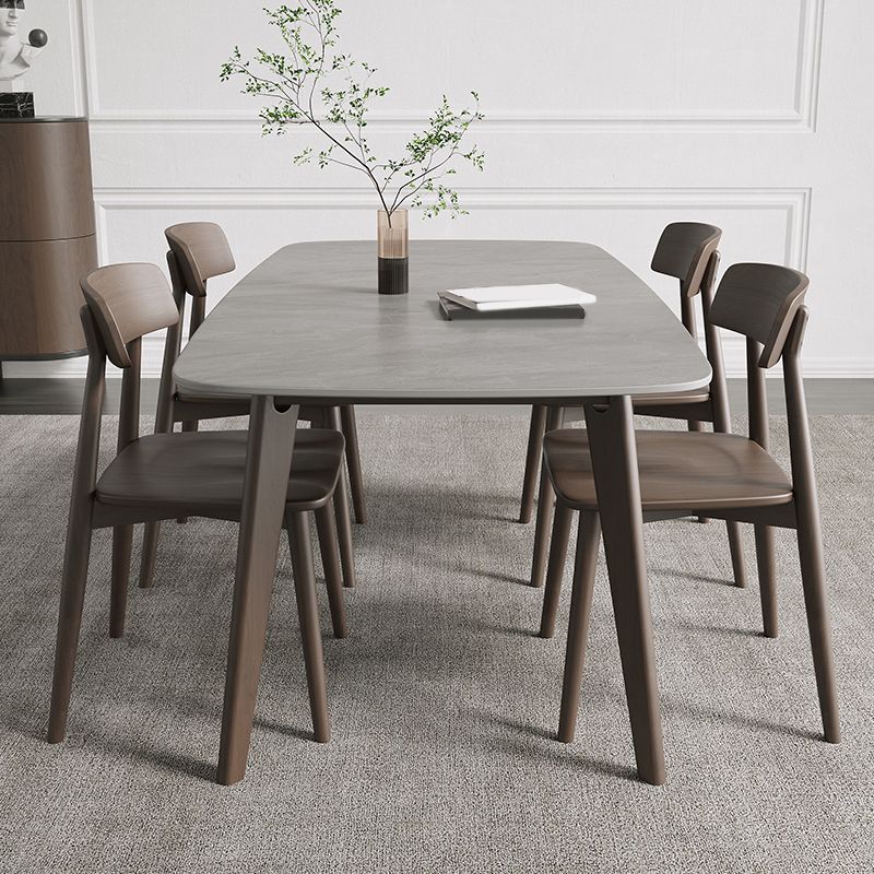 Rectangular Dining Table Modern Stone Tabletop with Solid Wood Legs