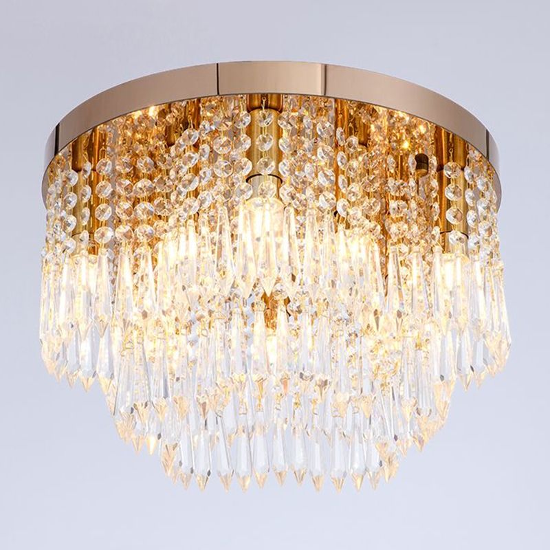 Crystal Waterfall Flush Lamp Modernist 10-Light Living Room Ceiling Flush Mount in Rose Gold
