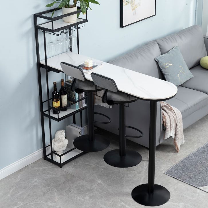 White Stone Indoor Glam Bar Dining Table Iron Double Pedestal Bistro Table with Wine Rack