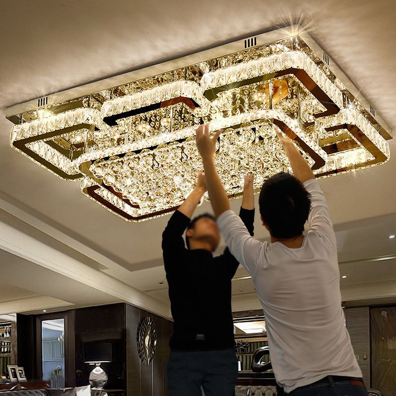 Stainless-Steel Rectangular Flush Ceiling Light Contemporary Crystal LED Flush Mount Lighting Fixture