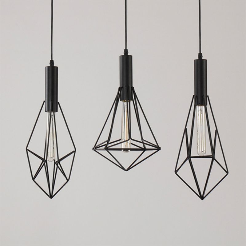 Iron Diamond Shaped Pendant Light Antique 1-Light Dining Room Hanging Light Fixture in Black