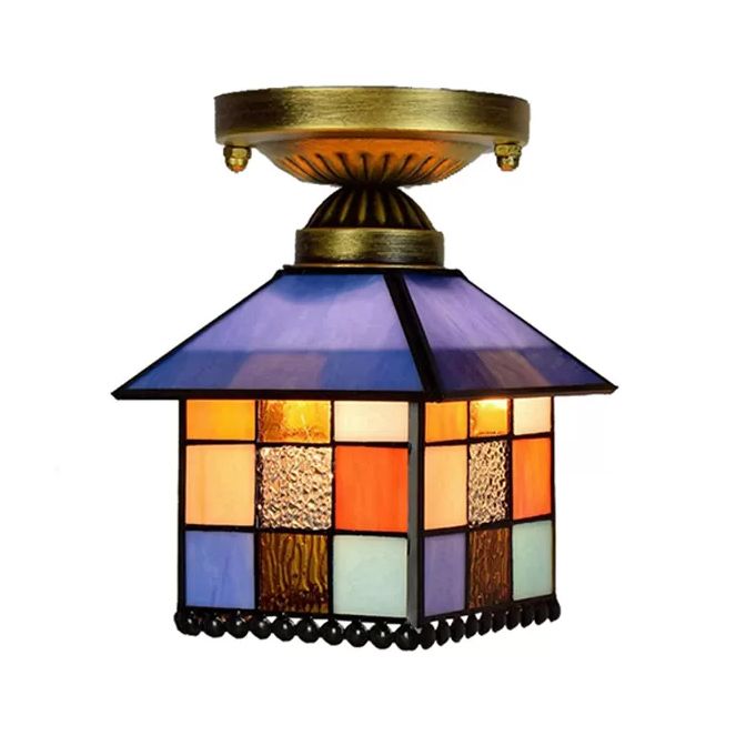 1 Head House Flush Lighting Rustic Lodge Style Stained Glass Flush Mount Lamp in Black/Blue/Brass/Clear/Blue-Clear for Foyer