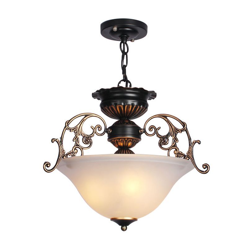Vintage Inverted Dome Ceiling Lighting 3 Heads Frosted Glass Hanging Light in Gold-Black