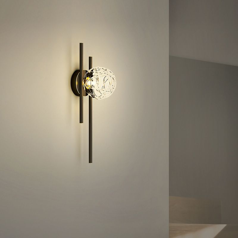 18" H Full Copper Wall Lamp Transparent Glass Globe Shade Nordic Style Metal Lines Sconce Lights for Bedroom