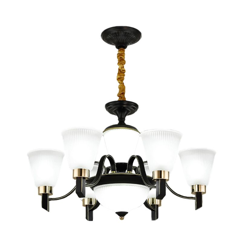 6/8 têtes Conical Chandelier Light Traditional Black Opal Verre suspendue suspendue avec bras incurvé