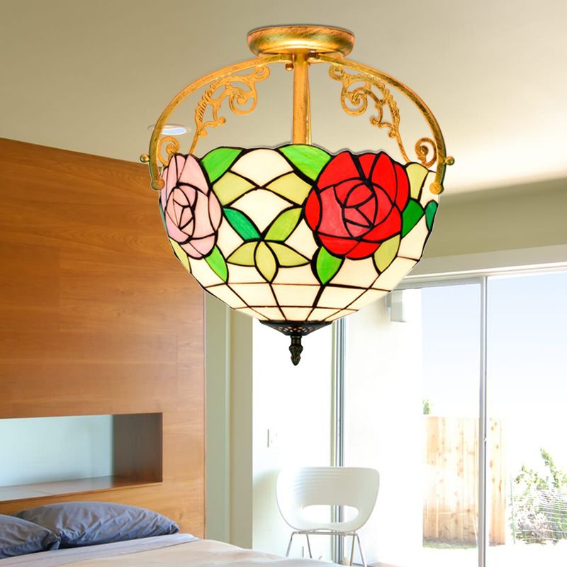 Rose Semi Flush Mount Leuchte 2 Leuchten gefärbte Glas Mediterraner Decke montiert in Rot/Rosa/Blau