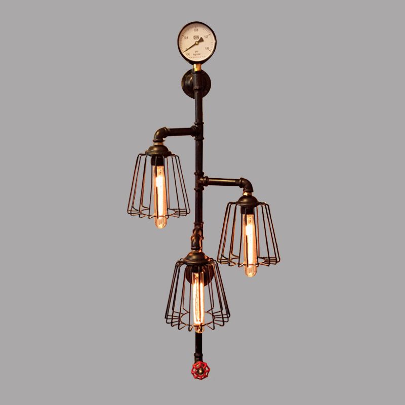 3 Lights Tapered Cage Wall Lamp with Pipe and Gauge Industrial Style Black Metal Wall Light Sconce for Restaurant