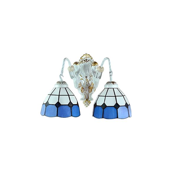 White 2 Heads Sconce Lighting Tiffany White-Blue Glass Grid Patterned Wall Mount Light