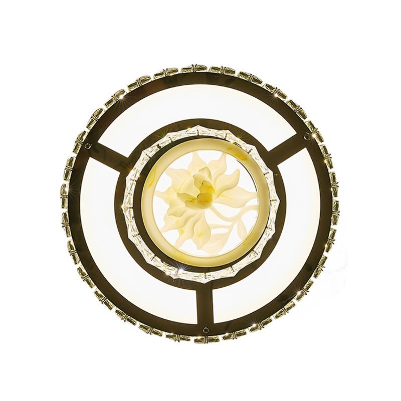 Modern Round/Square Flush Mount Light Faceted Crystal LED Nickel Ceiling Lighting with Floral Design