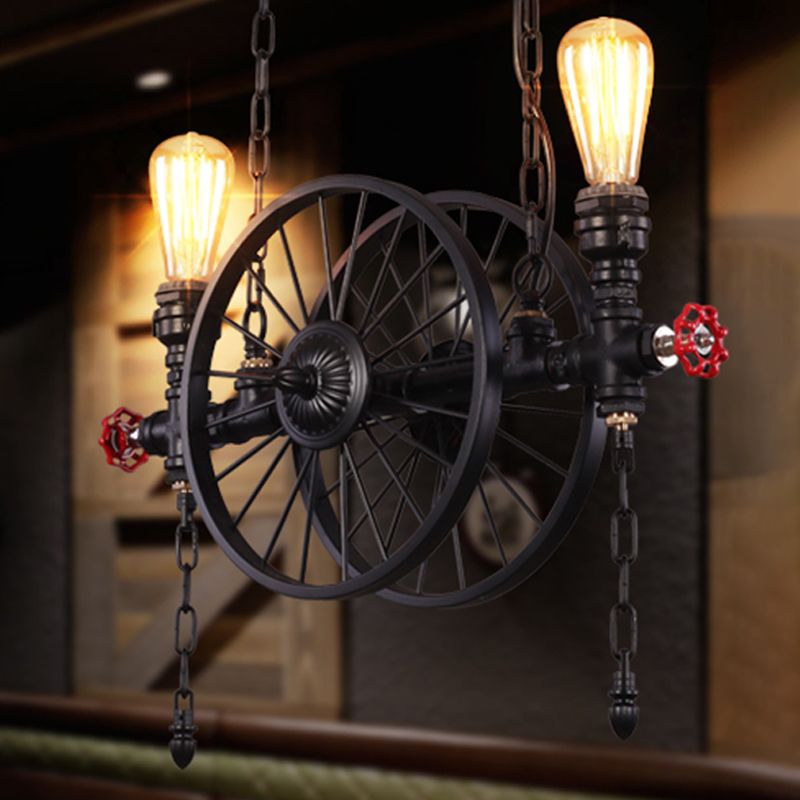 Wheel Piping Living Room Island Light Industrial Iron 2/3/4 Heads Black Hanging Light Fixture