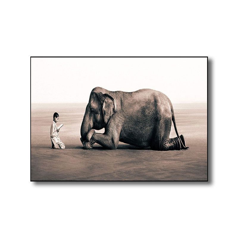 Photograph Print Modernist Canvas Art with Boy and Elephant Pattern in Black for Parlor