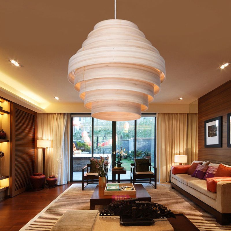 Modern Tiered Suspension Pendant Wooden 1-Light Living Room Hanging Ceiling Light in Natural Wood