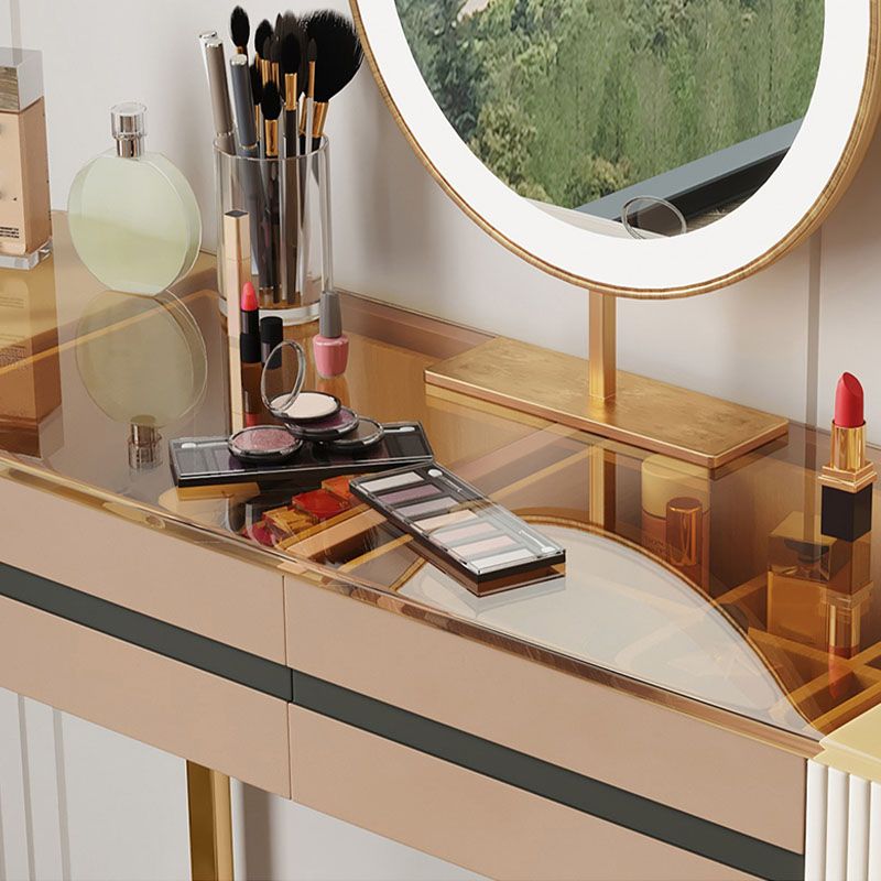 Glam Wood Makeup Vanity Desk Glass Top 4 Drawer Dressing Table