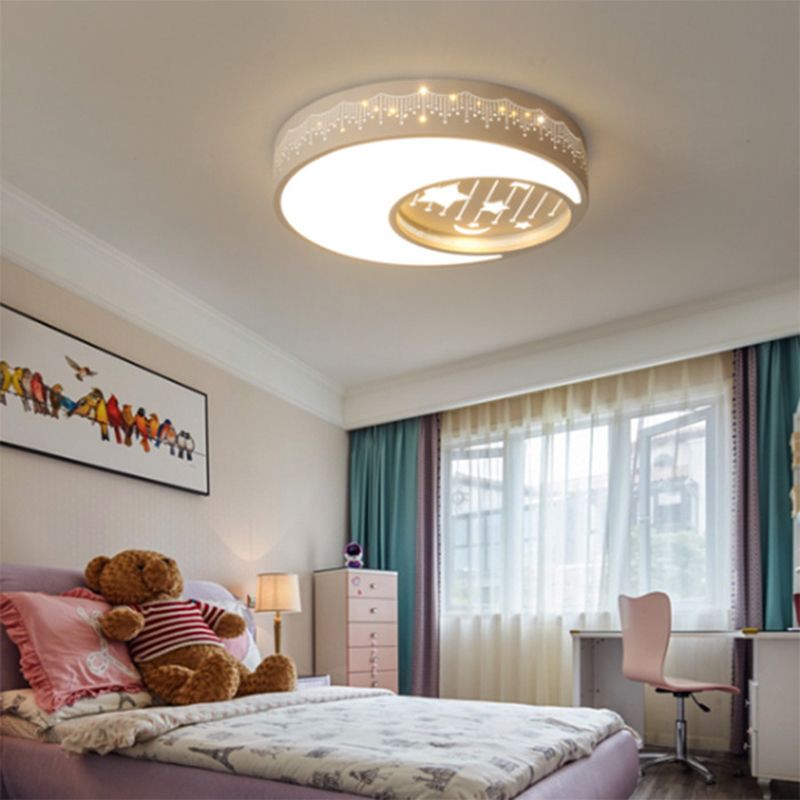 Moon Boys Bedroom Flush Ceiling Light with Star Metal Romantic LED Ceiling Fixture in White