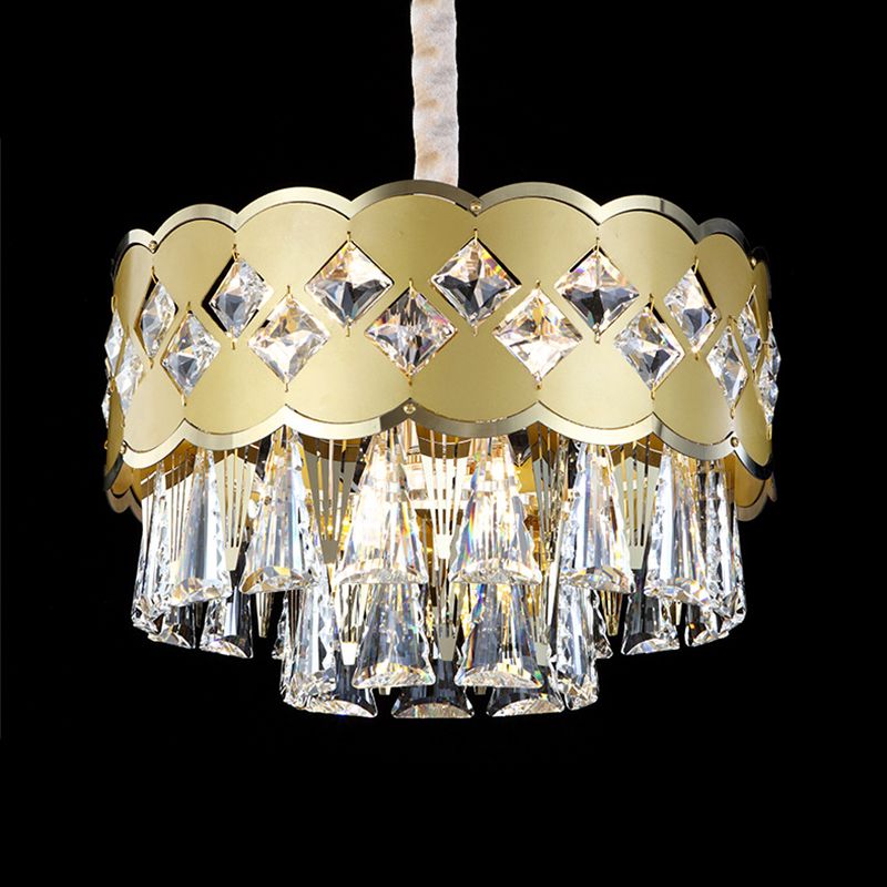 Gold Finish Drum Kroonluchter Modern Clear Crystal Drops 9 Heads Great Room Pendant Lighting, 19,5 "/23.5" Breedte