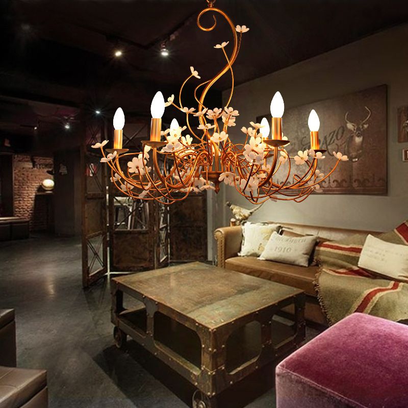Gold Flower Shaped Chandelier Lamp Country Metal 6 Lights Living Room Hanging Light