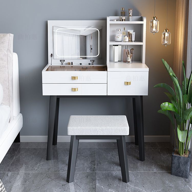 Flip-Top Vanity Table 3-Drawer Stool Vanity Set with Storage Shelves