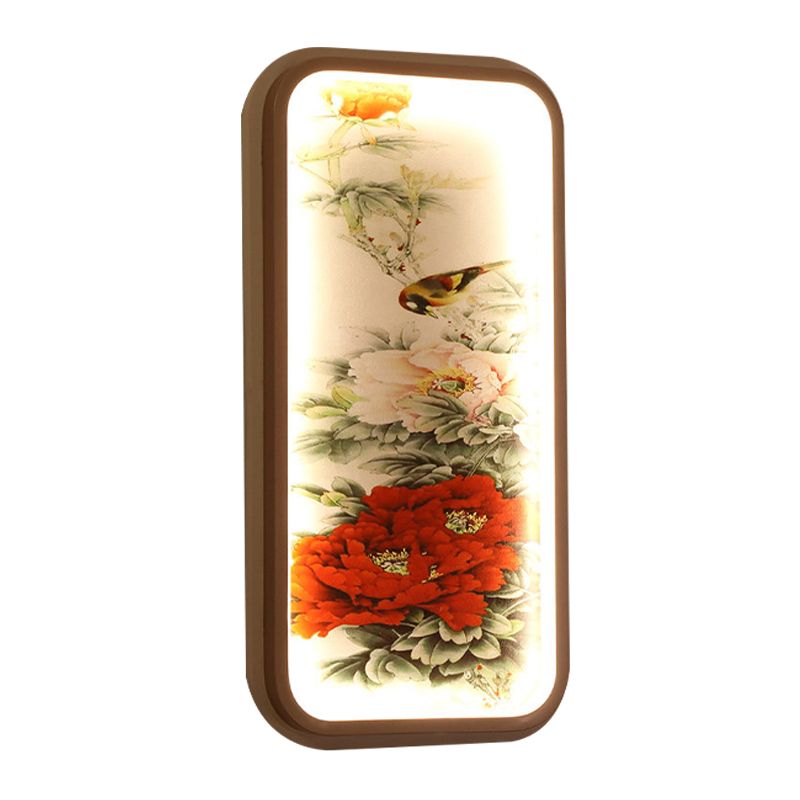 Rectangle Acrylic Peony Wall Mount Lamp Chinese Style LED Red Wall Mural Light