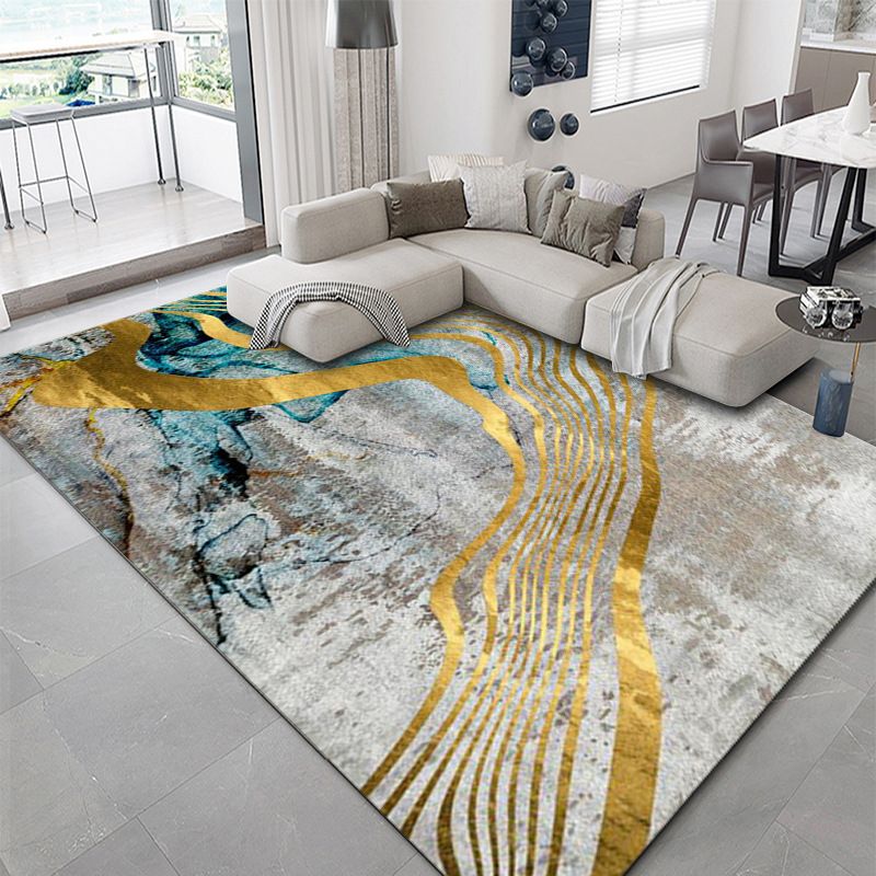 Creative Blue Tone Carpet Washable Abstract Print Indoor Rug Polyester Carpet with Anti-Slip Backing