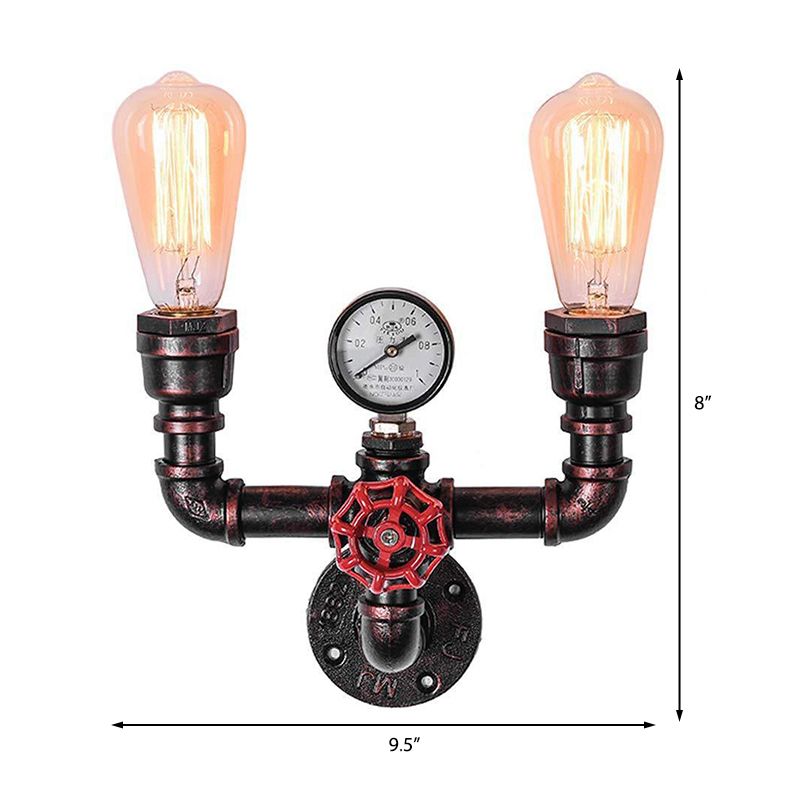 Antike Kupferwasserrohrwandbeleuchtung mit Manometer rustikaler Eisen 2/3 Köpfe Restaurant Wandhalterung Licht Licht