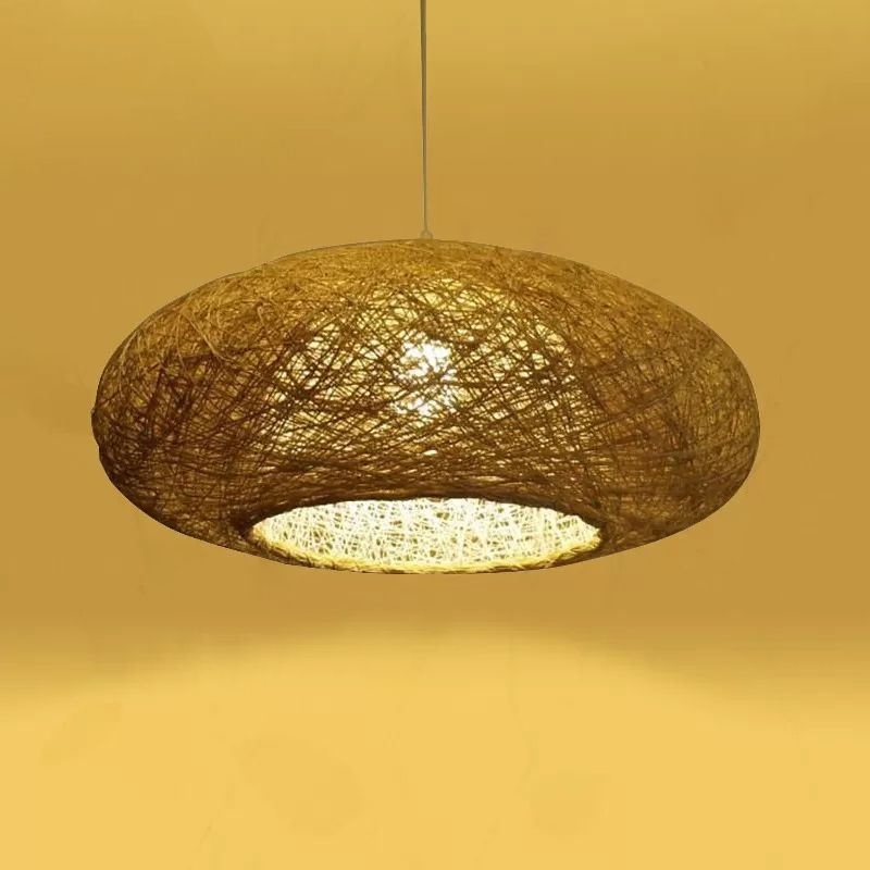 Beige Ellipse Pendulum Light Asia 1 bol Rattan Hangende hanger over tafel, 16 "/19,5" breed