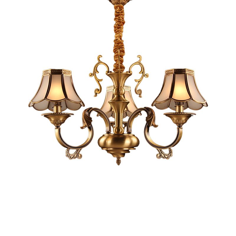 Frosted Glass Gold Pendant Chandelier Scalloped 3/5/6 Bulbs Colonial Suspended Lighting Fixture with Radial Design