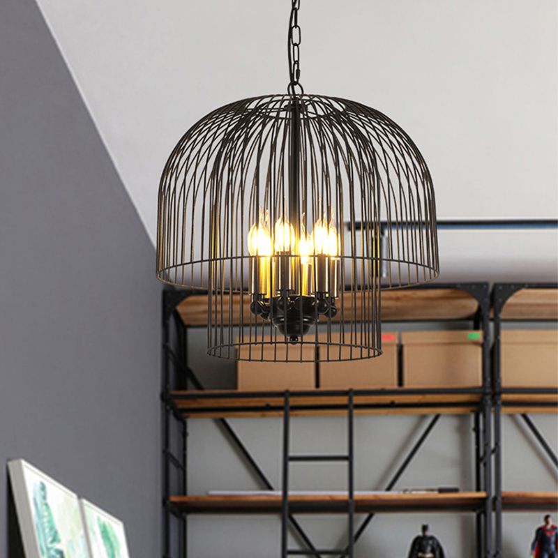 Black 6 Lights Chandelier Light Fixture Traditional Metal Wire Cage Pendant Lamp for Living Room