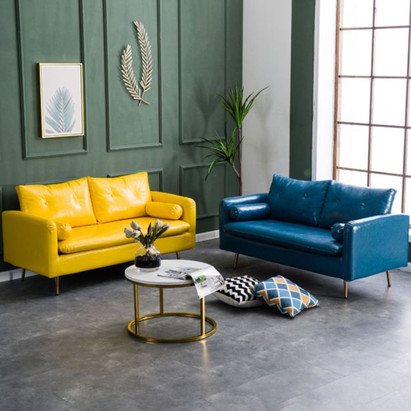 Glam Sofa with 2 Pillows Square Arm Faux Leather Living Room Seating