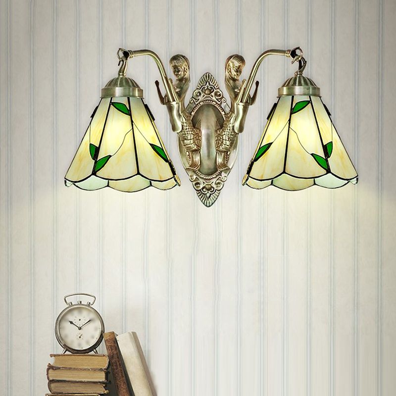 Bell Shade Wall Mount Light Stained Glass Vintage Wall Light Fixture with Mermaid Decor