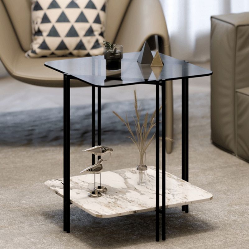 Modernistic Glass Top Square End Table 23.7" Tall Side Table with Shelf