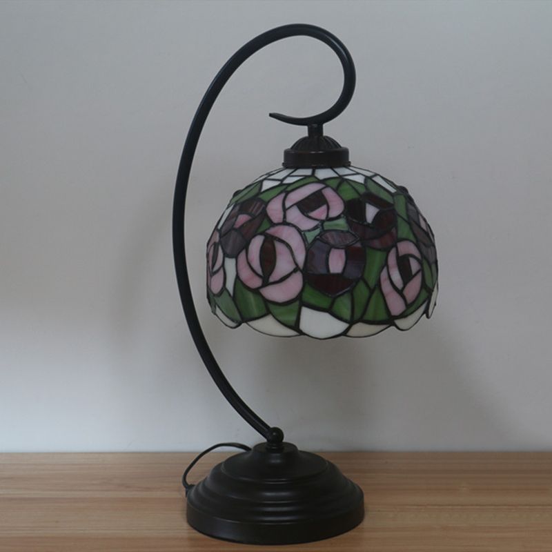 1-Light Bedroom Night Light Baroque Dark Coffee Flower Patterned Desk Lamp with Dome Stained Glass Shade