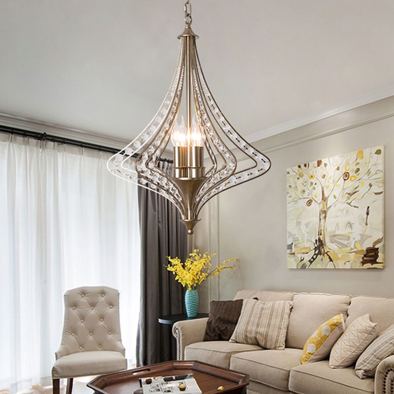 Crystal Diamond Chandelier Pendant Light Minimalist 4-Head Living Room Hanging Lamp in Silver