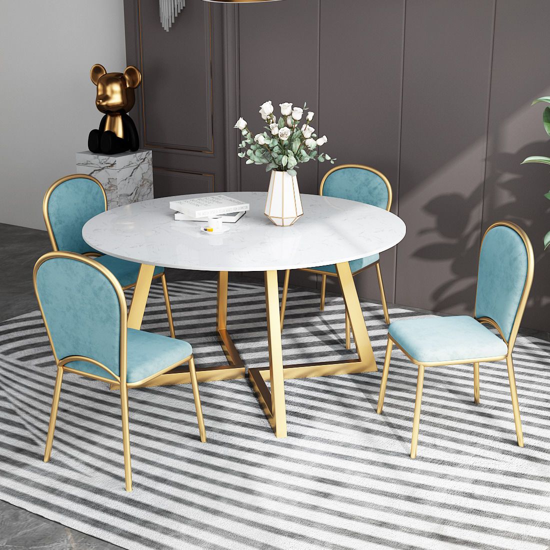 White Stone Top Dining Table Glam Style Gold Base Dining Table for Living Room