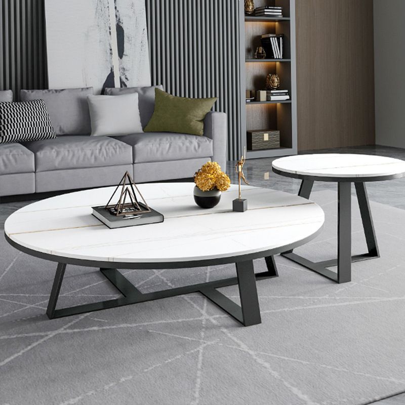 17.7" H Glam Oval Slate Coffee Table Metal Cross Legs Cocktail Table