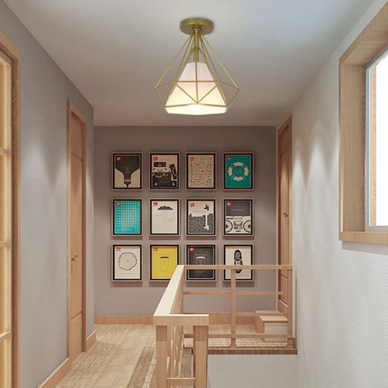 Marco de hierro en forma de diamante techo claro de tela blanca simplicidad mini accesorio de iluminación para corredor de balcón