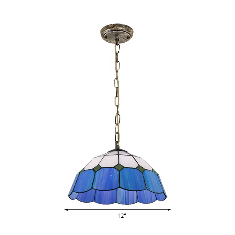 Domed plafondlicht Tiffany 1 kop geel/blauw handgemaakt kunstglas gesuspendeerd verlichtingsarmatuur, 12 "/16" breed
