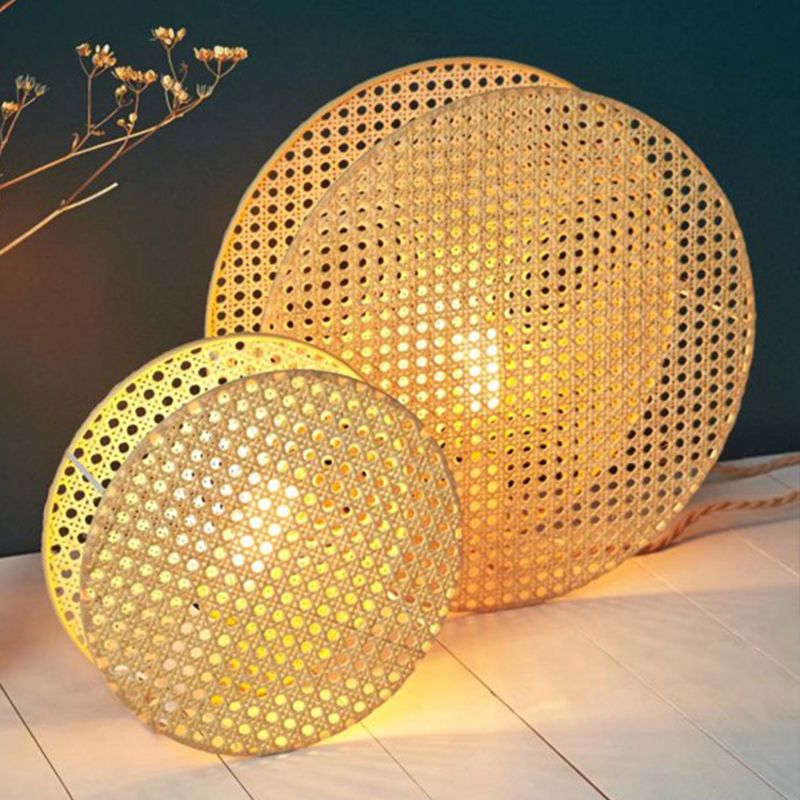 Round Sconce Light Chinese Bamboo 1 Head Beige Wall Mounted Lighting for Bedside