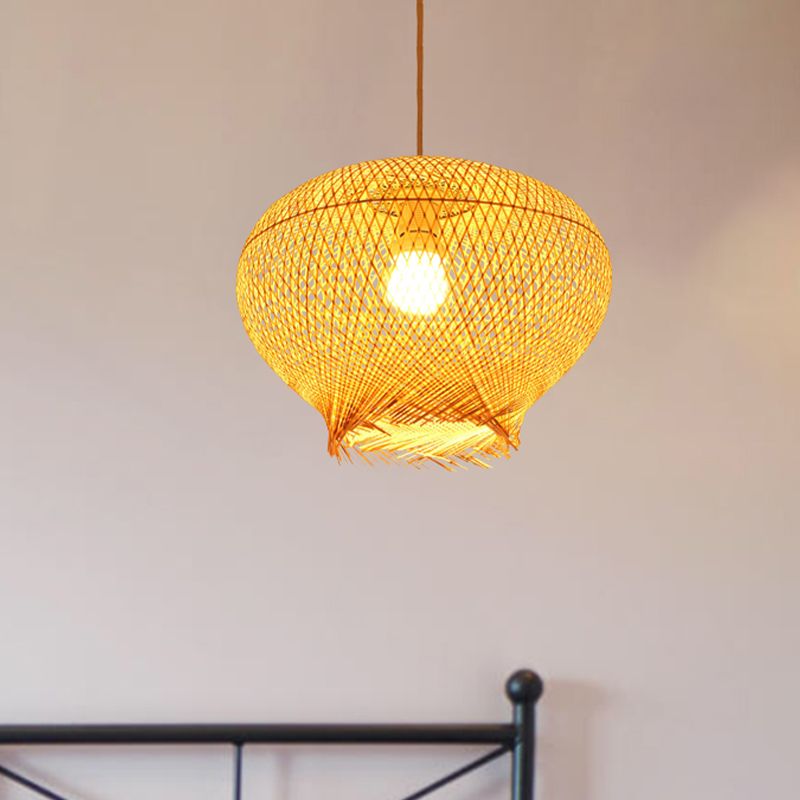 Lámpara colgante de linterna de bambú chino 1 cabeza de techo beige luz colgante para sala de estar
