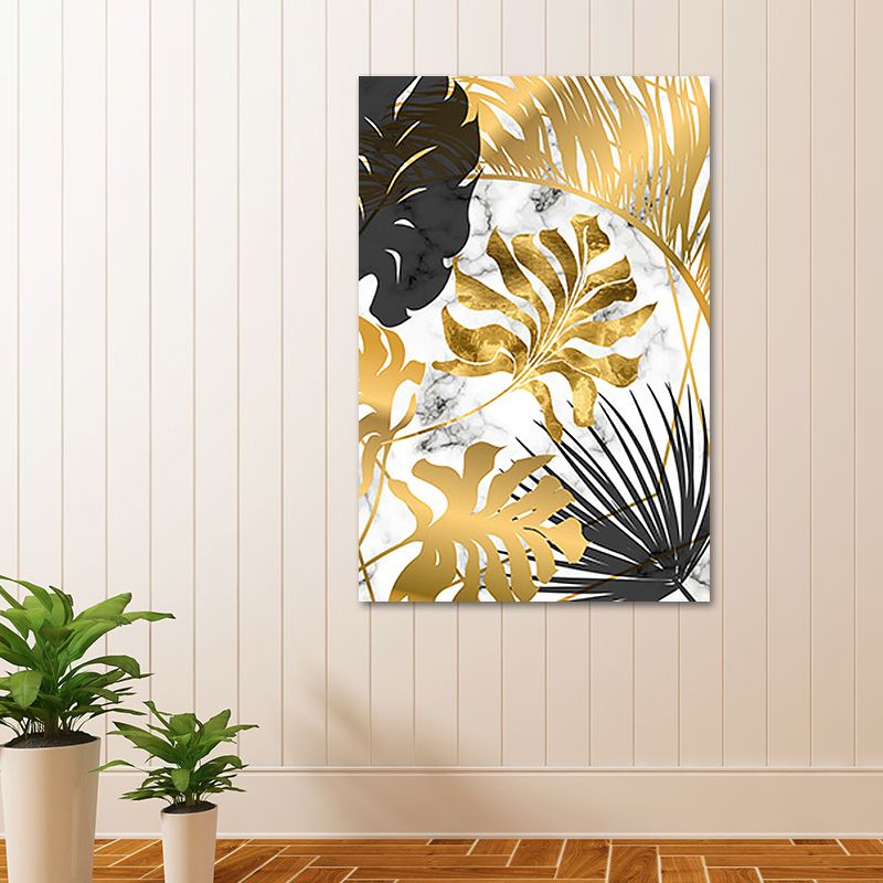 Gold Botanical Leaves Painting Textured Wall Art Decor for Bedroom, Multiple Sizes