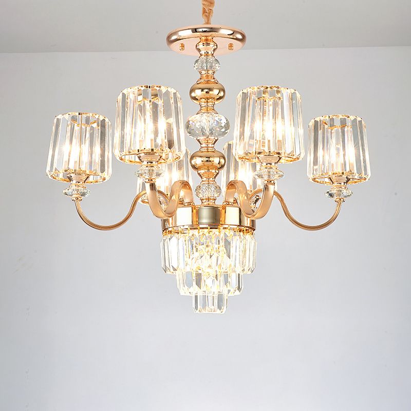 Crystal Block Chandelier Lighting Transitional Rose Gold Cylinder Parlor Pendant Light